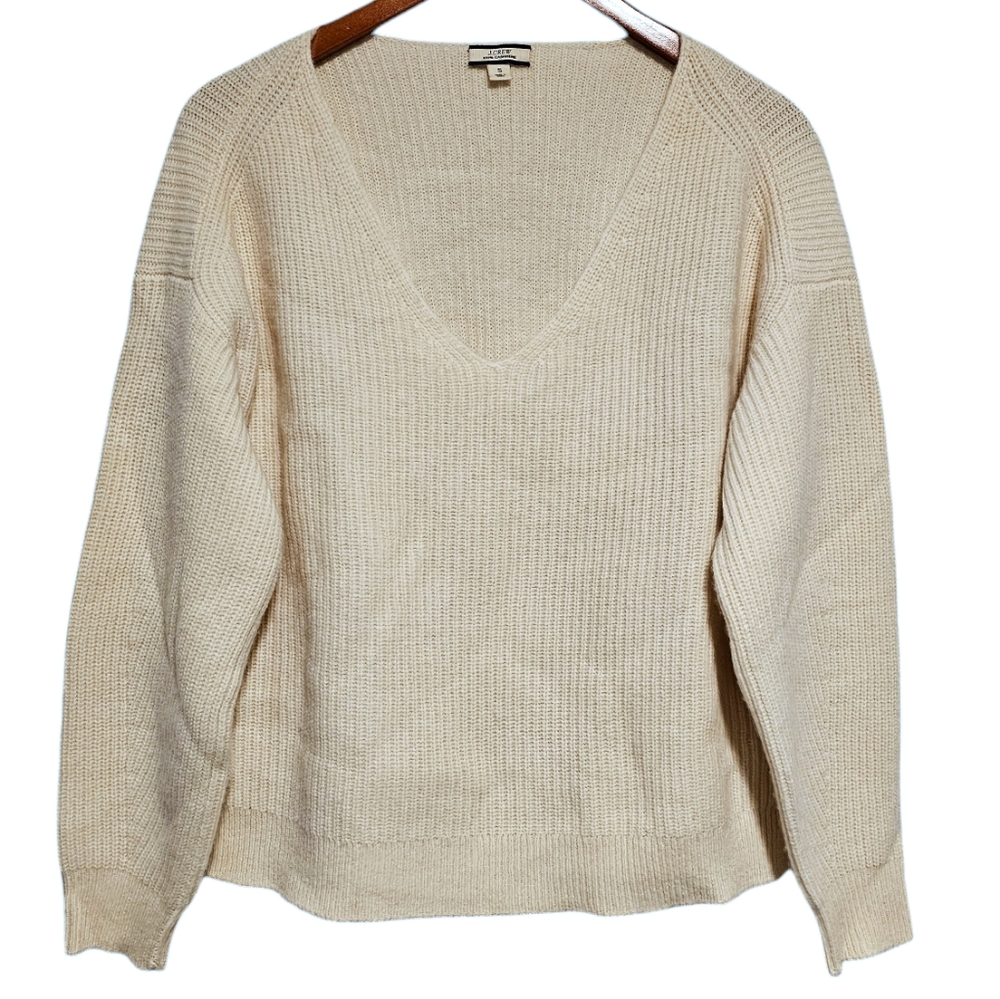 J. Crew Ribbed Cashmere Oversized V-Neck Sweater in Heather Muslin Size Small